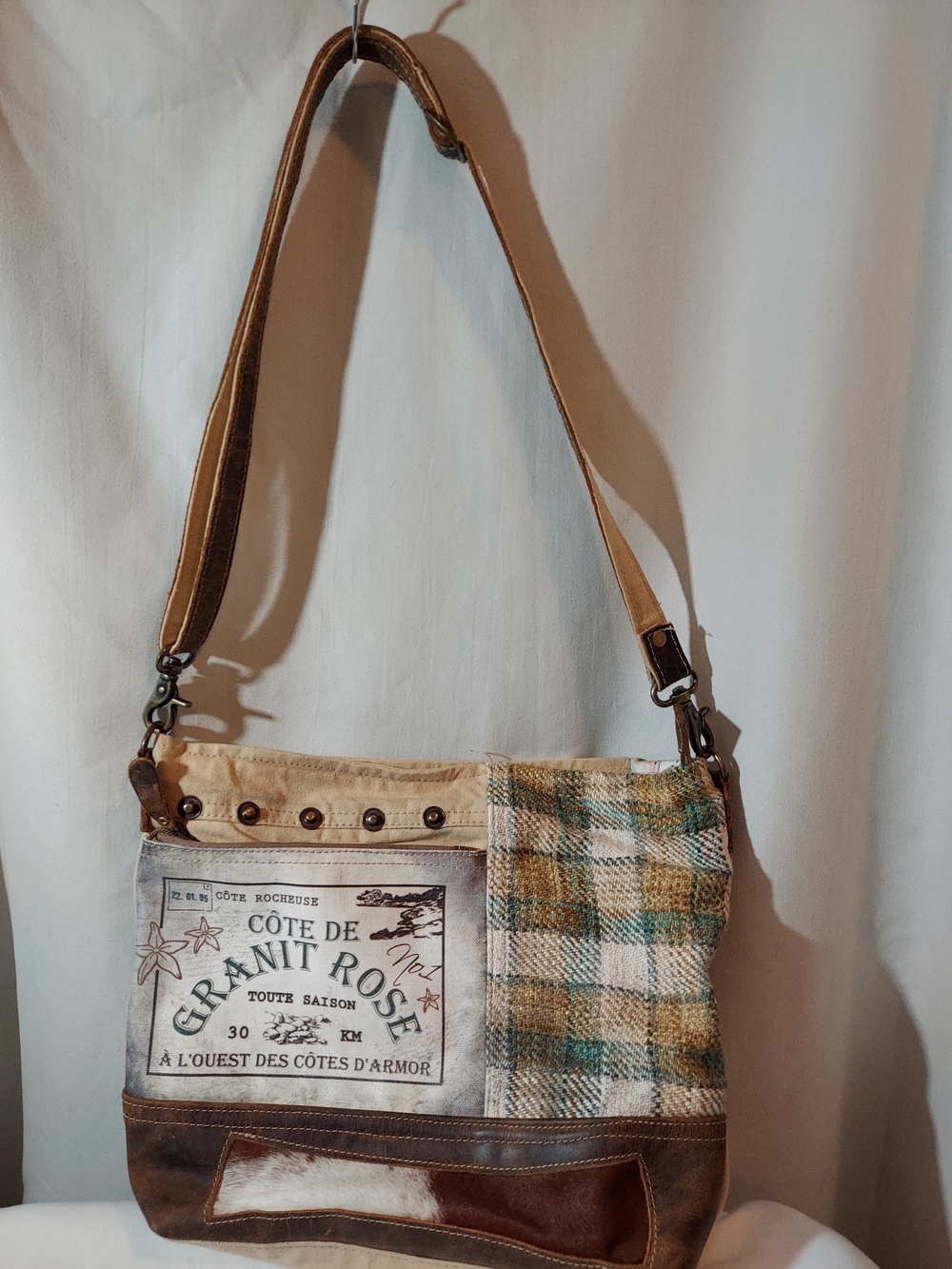 Myra Bag Boho Plaid Granit Rose Upcycled Canvas & Leather Crossbody